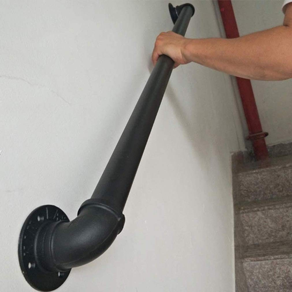 1ft-20ft Industrial Wrought Iron Handrail Kit - Matte Black Safety Stair Railing for Elderly & Stair Support - Complete Antique Rustic Pipe Railing System (4ft Size) | Perfect for Home Stairs, Porches, and Commercial Buildings Safety Needs