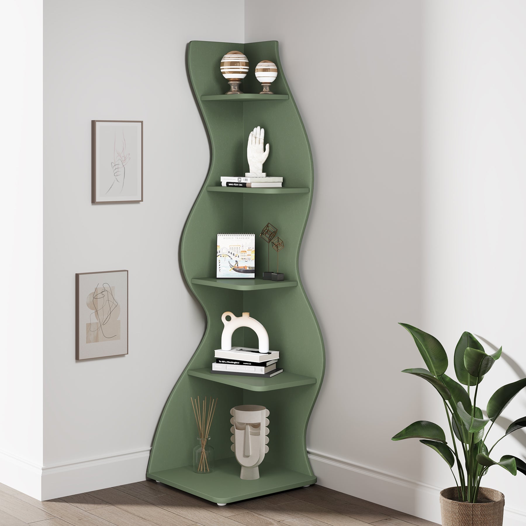 5 Tier Corner Shelf - Modern Wall Mounted Corner Bookshelf for Living Room, Bedroom, Office | Space Saving Storage Solution for Books, Plants & Decor