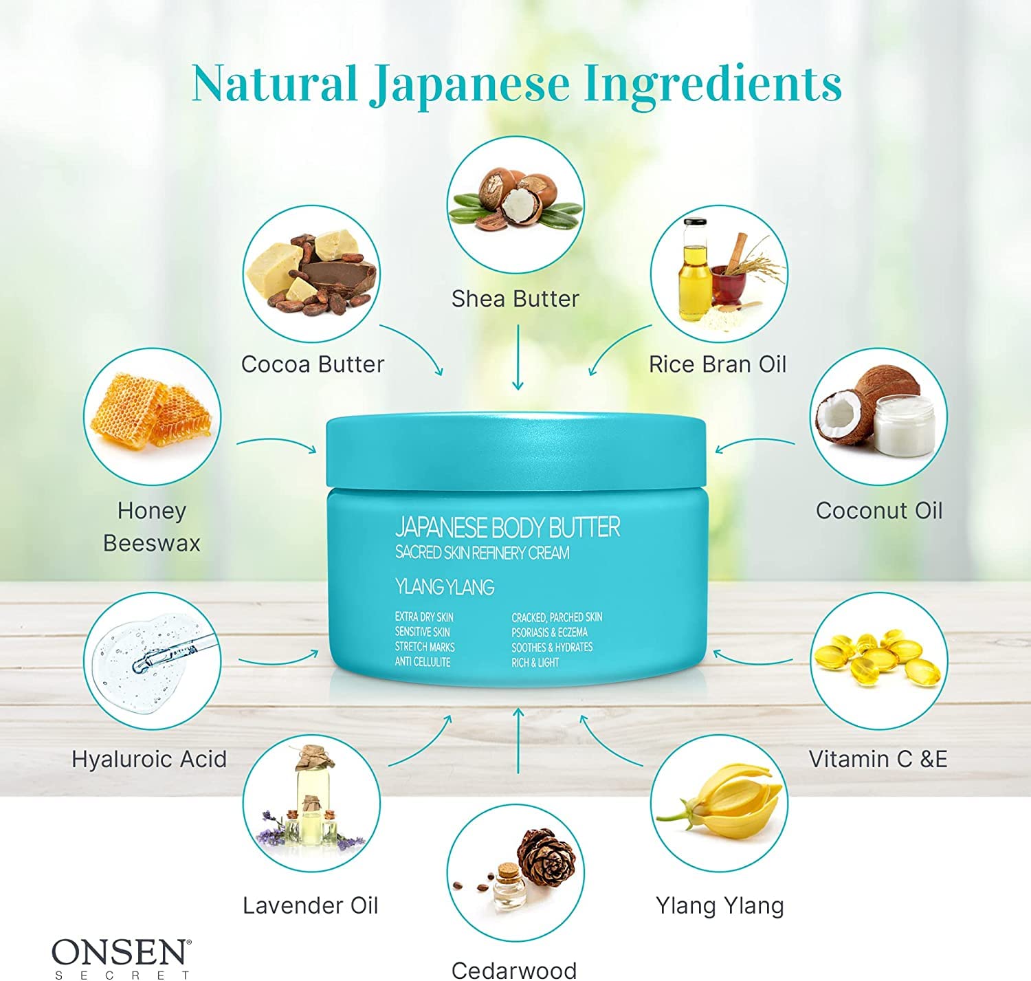Japanese Onsen Body Butter for Women - Natural & Organic Shea Butter Moisturizer with Coconut Oil & Vitamin E - Skin Refining & Exfoliating Cream - 8.6 fl oz (255ml) - Ylang Ylang Scent - Perfect for Dry Skin Care & Spa Night Relaxation