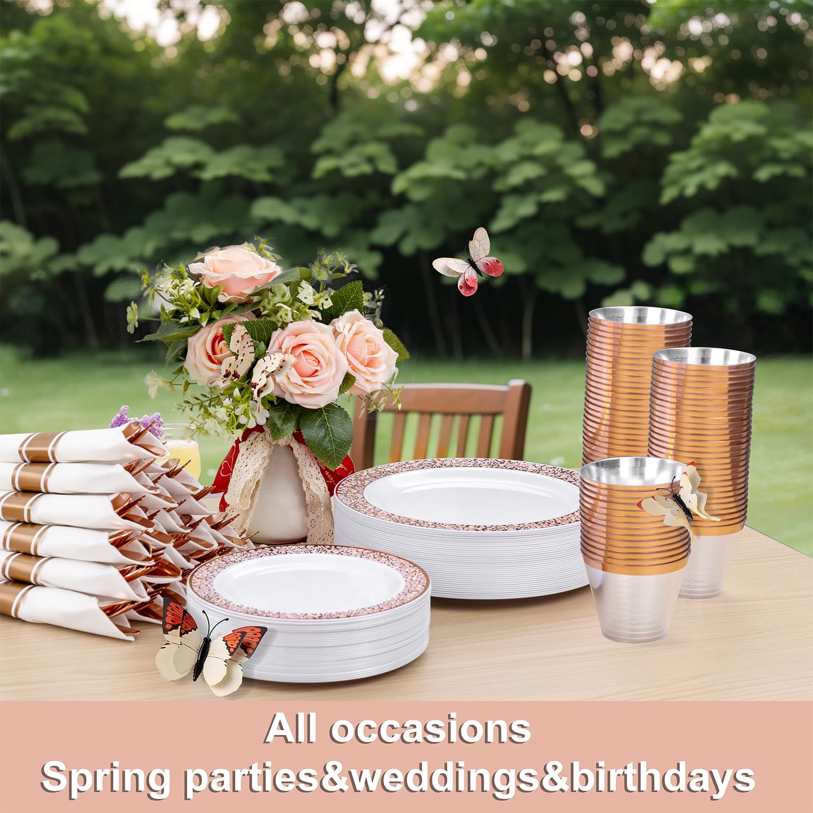 WELLIFE 350-Piece Rose Gold Plastic Dinnerware Set - Disposable Rose Gold Lace Plates, Cups, Silverware & Napkins for Wedding, Bridal Shower, Birthday Party & Elegant Events (50 Dinner Plates, 50 Dessert Plates, 50 Cups, 50 Pre-Rolled Napkins with Silverware) - Perfect for Home Celebrations, Catering & Special Occasions