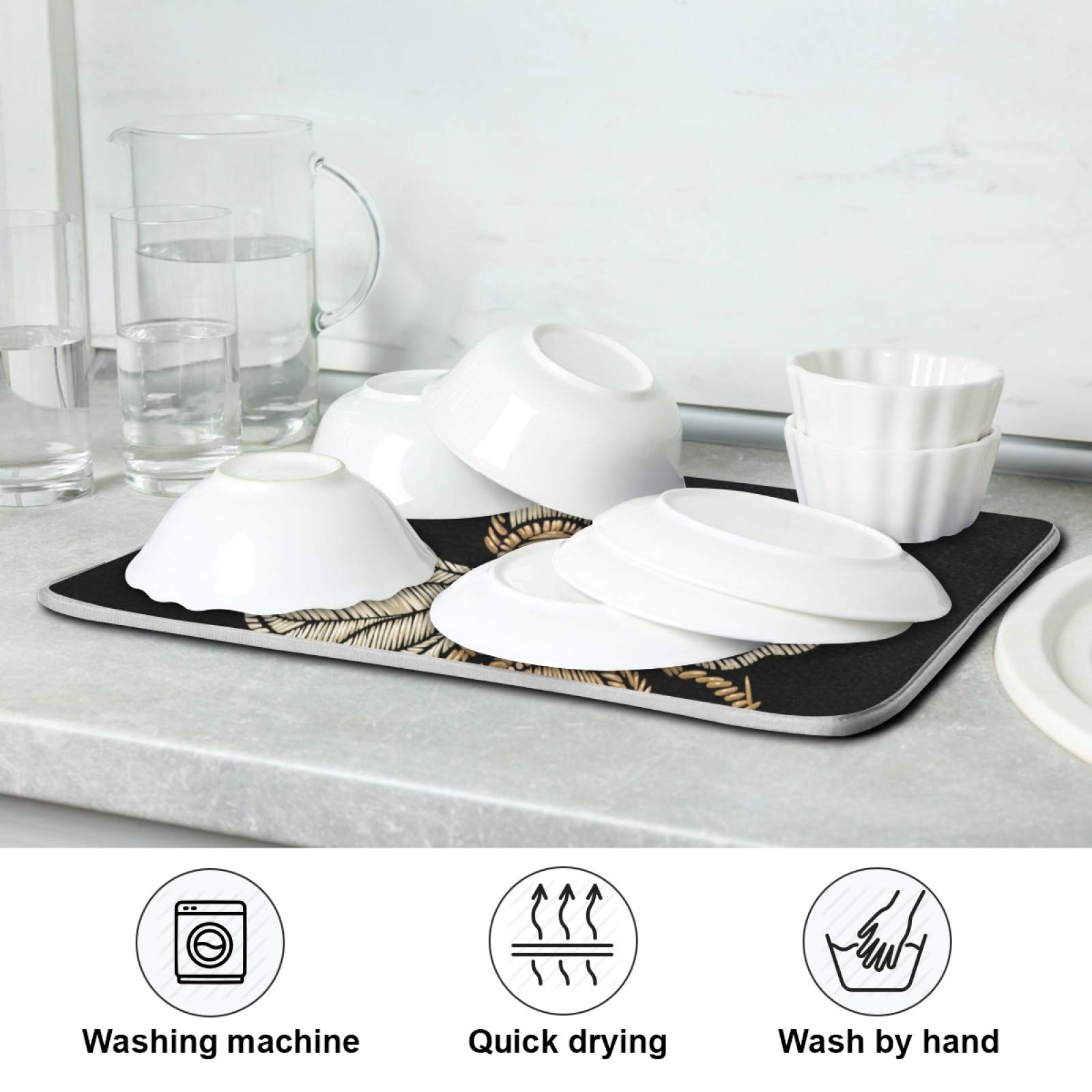 Susiyo Gold Bee and Crown Microfiber Dish Drying Mat - Super Absorbent, Machine Washable, Fast Drying, Heat-Resistant Kitchen Counter Dish Drainer (16x18 Inch) - Perfect for Drying Dishes, Protecting Countertops & Organizing Kitchen