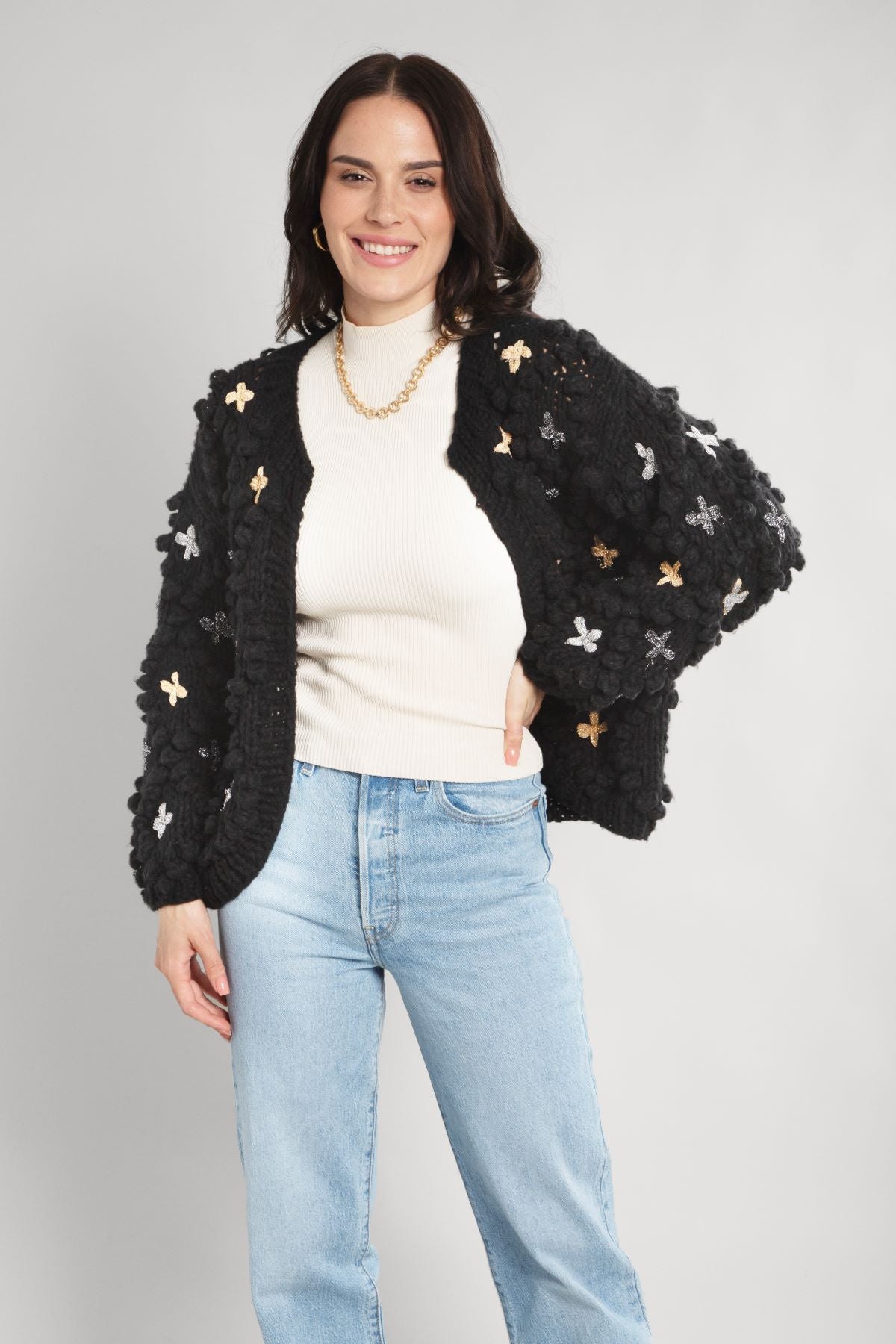 Cozy Knitted Cardigan with Cross Pom Pom Details - Soft Warm Women's Sweater for Fall & Winter - Perfect for Casual Outfits and Layering
