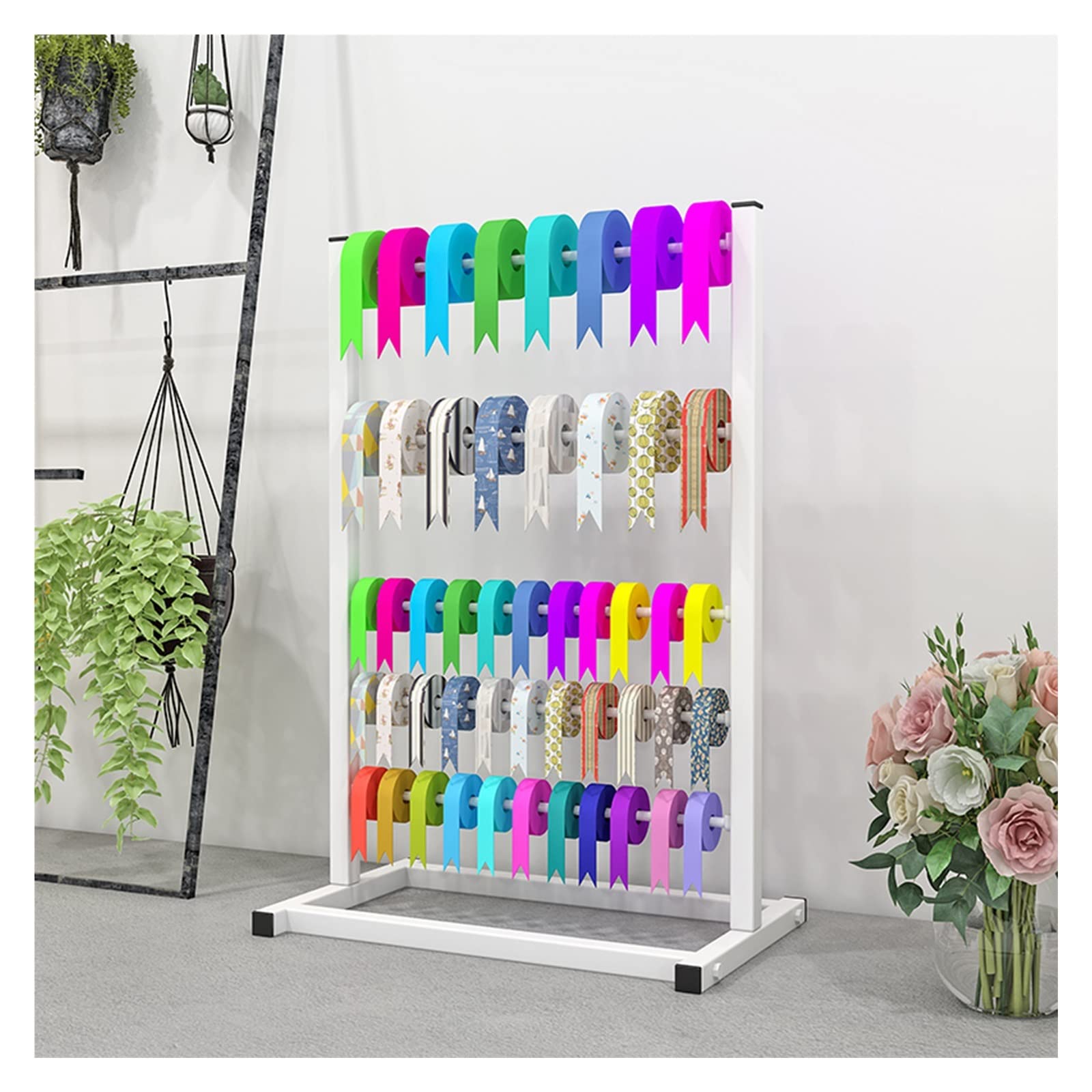 4-Tier Metal Ribbon Holder Organizer - Large Capacity Ribbon Storage Rack for Crafts, Cake Decorating & Flower Arranging - Perfect for Craft Rooms, Bakeries & Floral Shops (White)