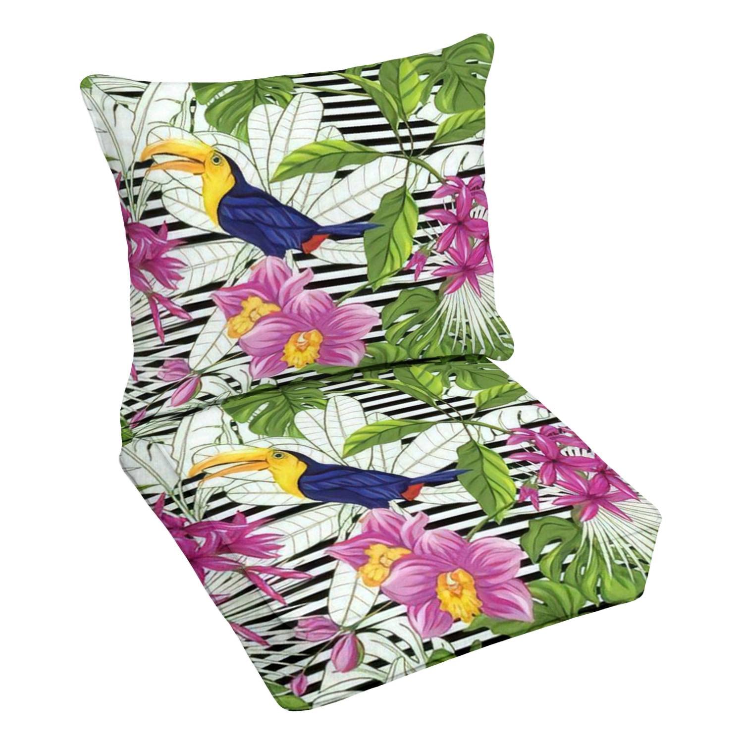 Premium Outdoor Deep Seating Cushion Set - Tropical Toucan & Plant Hand-Drawn Design on Black & White Stripes - Waterproof Patio Furniture Replacement Cushions for Lounge Chairs - Perfect for Poolside, Garden, and Backyard Relaxation