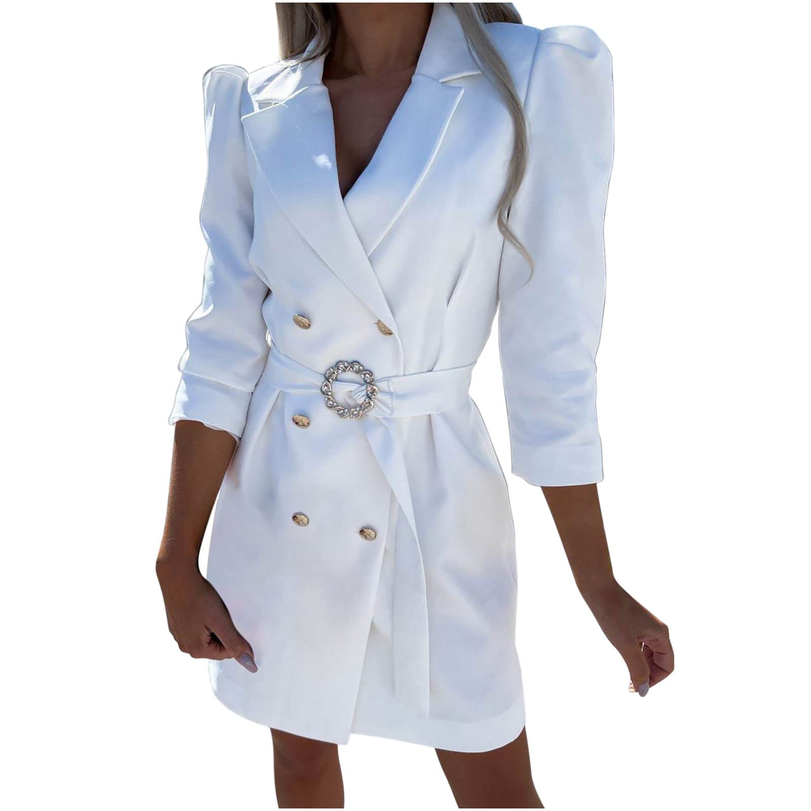 Stylish Women's Casual Blazer Dress - Double Breasted Lapel Long Sleeve Mini Dress with Garland Belt for Work & Formal Occasions | Perfect for Office Wear, Business Meetings, and Evening Events