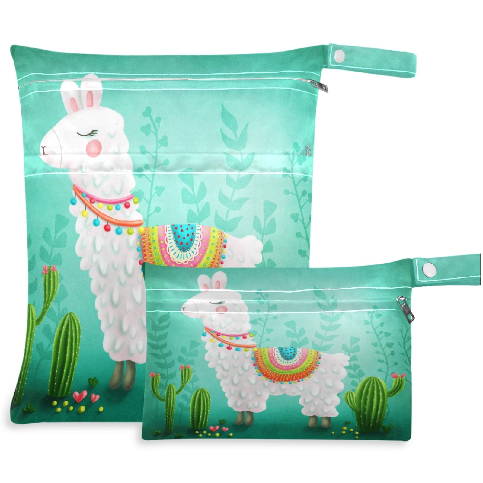 Visesunny 2-Pack Cute Llama Wet Bags with Zippered Pockets - Reusable & Washable Waterproof Storage for Travel, Beach, Pool, Gym | Perfect for Diapers, Swimsuits, Toiletries & Dirty Clothes | Daycare, Stroller & Sports Essentials