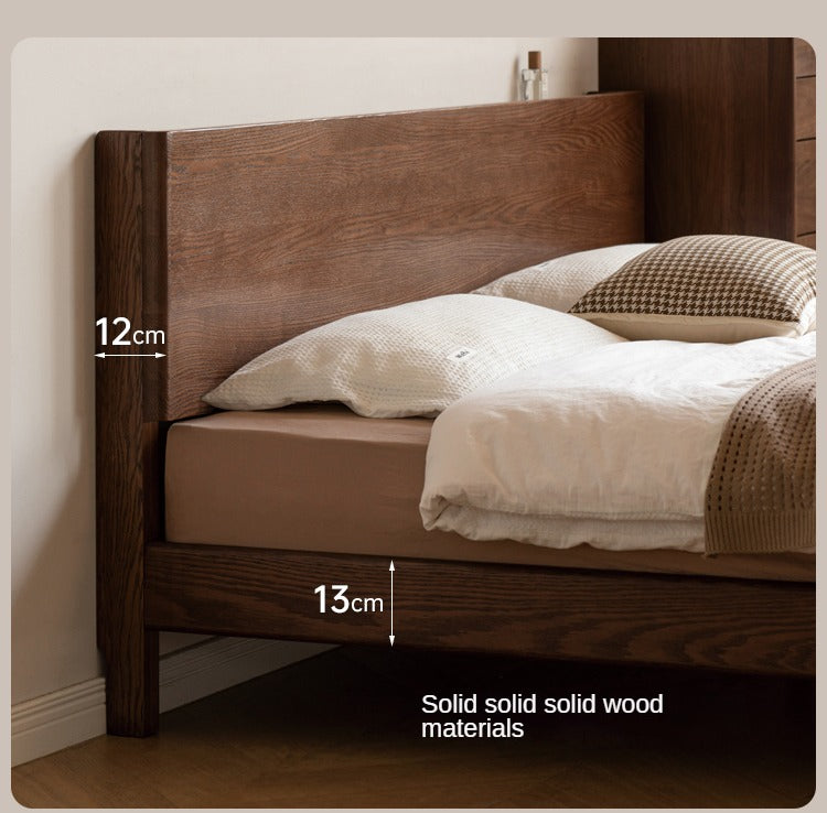 Solid Oak Wood Modern Bed Frame with LED Night Lights in Walnut Finish - Perfect for Bedroom Decor and Cozy Nighttime Ambiance