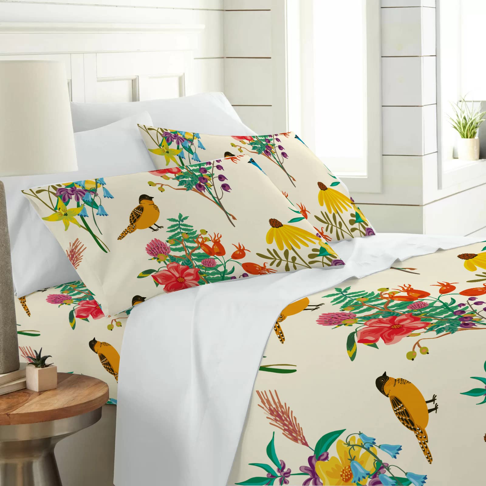 Floral Queen Bed Sheets Set - Cream Botanical Branches & Birds Pattern, 4-Piece Deep Pocket Sheets with 2 Pillowcases, Ultra Soft Cotton for Cozy Bedroom Decor | Perfect for Master Bedroom, Guest Room & Dorm