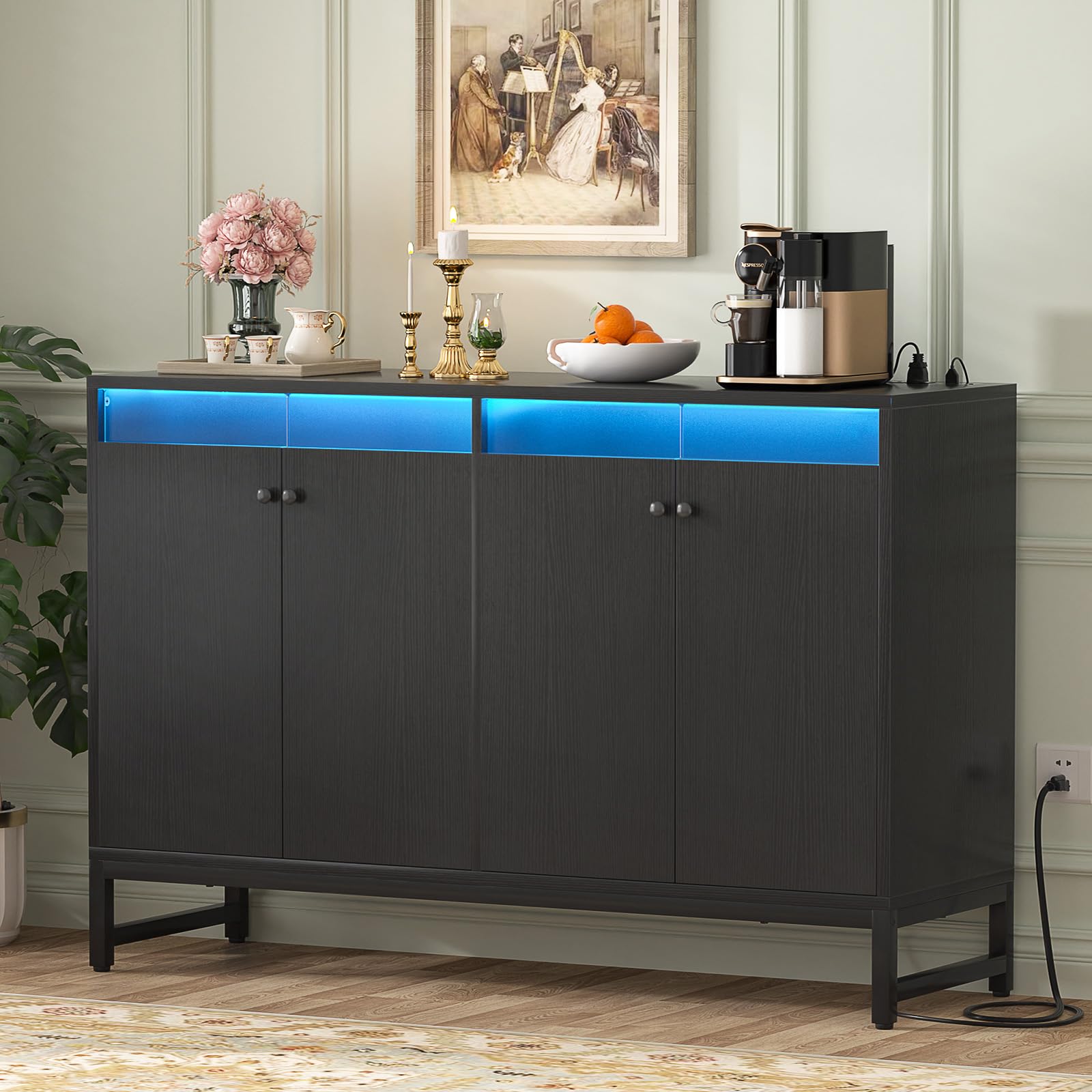 Aheaplus Modern Sideboard Buffet Cabinet with Built-in Power Outlet & LED Lighting - Kitchen Storage Cabinet with Doors - Accent Cupboard Buffet Table for Dining Room, Living Room, Hallway - Perfect for Entertaining Guests & Organizing Dishes (Black)