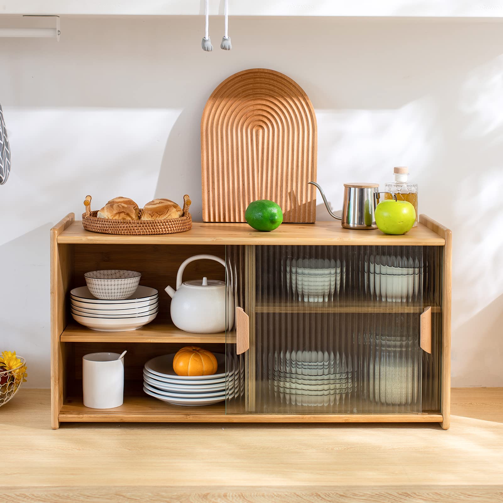 HollyHOME Small Bamboo Wall Mounted Kitchen Pantry Cabinet with 2 Doors - Coffee Bar & Wine Storage Organizer for Liquor Bottles, Glasses, Dishes - Perfect for Dining Room, Kitchen, Bar or Entryway Storage Solution