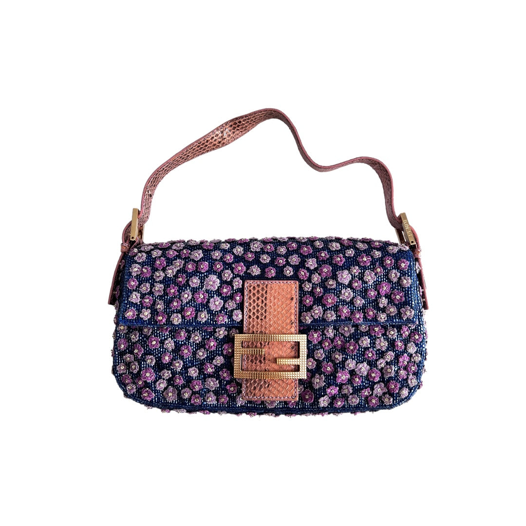 Fendi Blue Beaded Rhinestone Baguette Bag with Purple Flowers - Elegant Evening Clutch for Parties, Weddings & Special Occasions