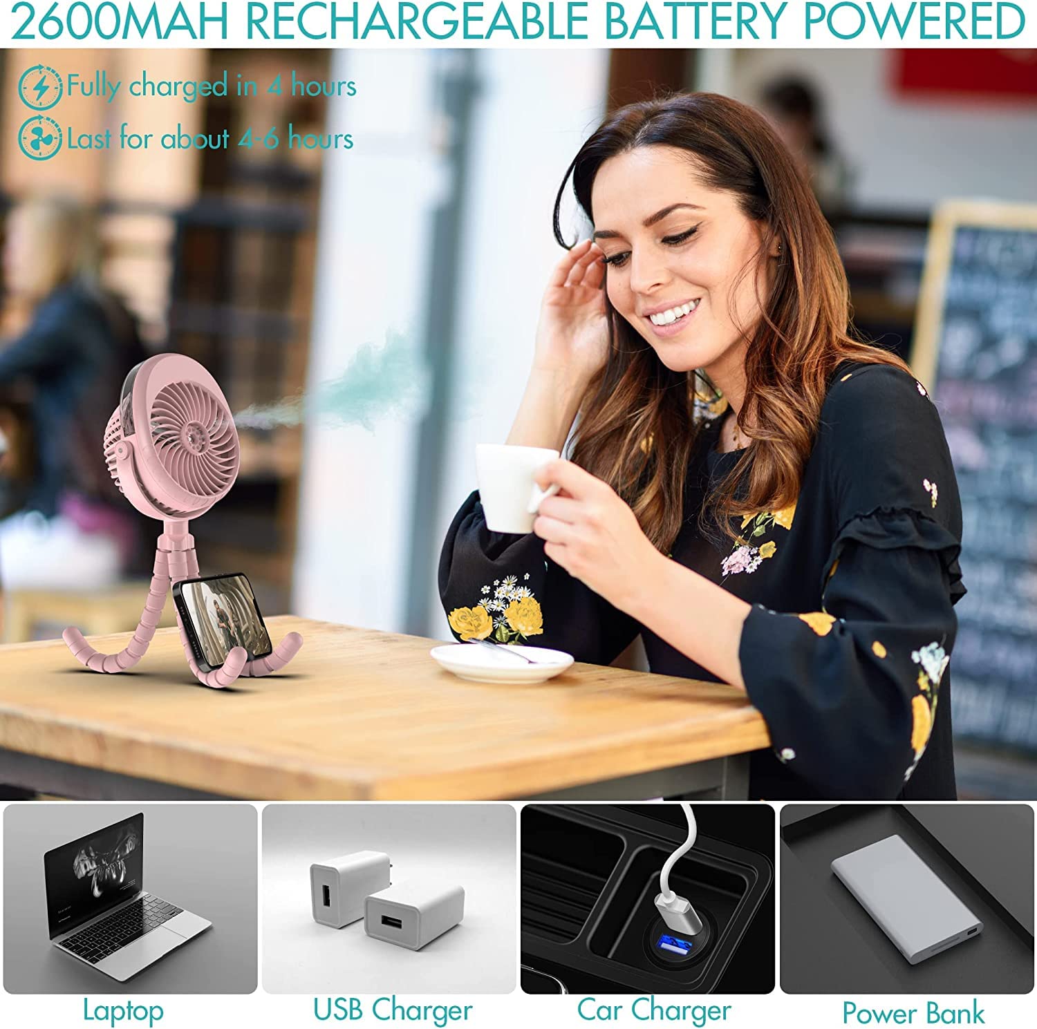 COMLIFE 270° & 360° Rotating Portable Misting Fan for Baby Stroller - USB Rechargeable Battery Operated Clip Fan with Flexible Tripod - Perfect for Car Seat, Crib, Bike, Treadmill & Bunk Bed | Cooling Solution for Babies, Outdoor Activities & Home Use