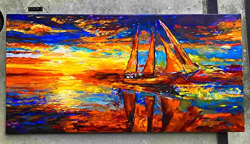 Abstract Beach Landscape Framed Canvas Wall Art - 13x26 Inch Coastal Boat Painting for Bedroom, Office, Dining Room & Bathroom Decor | Perfect for Coastal, Nautical & Beach House Themes