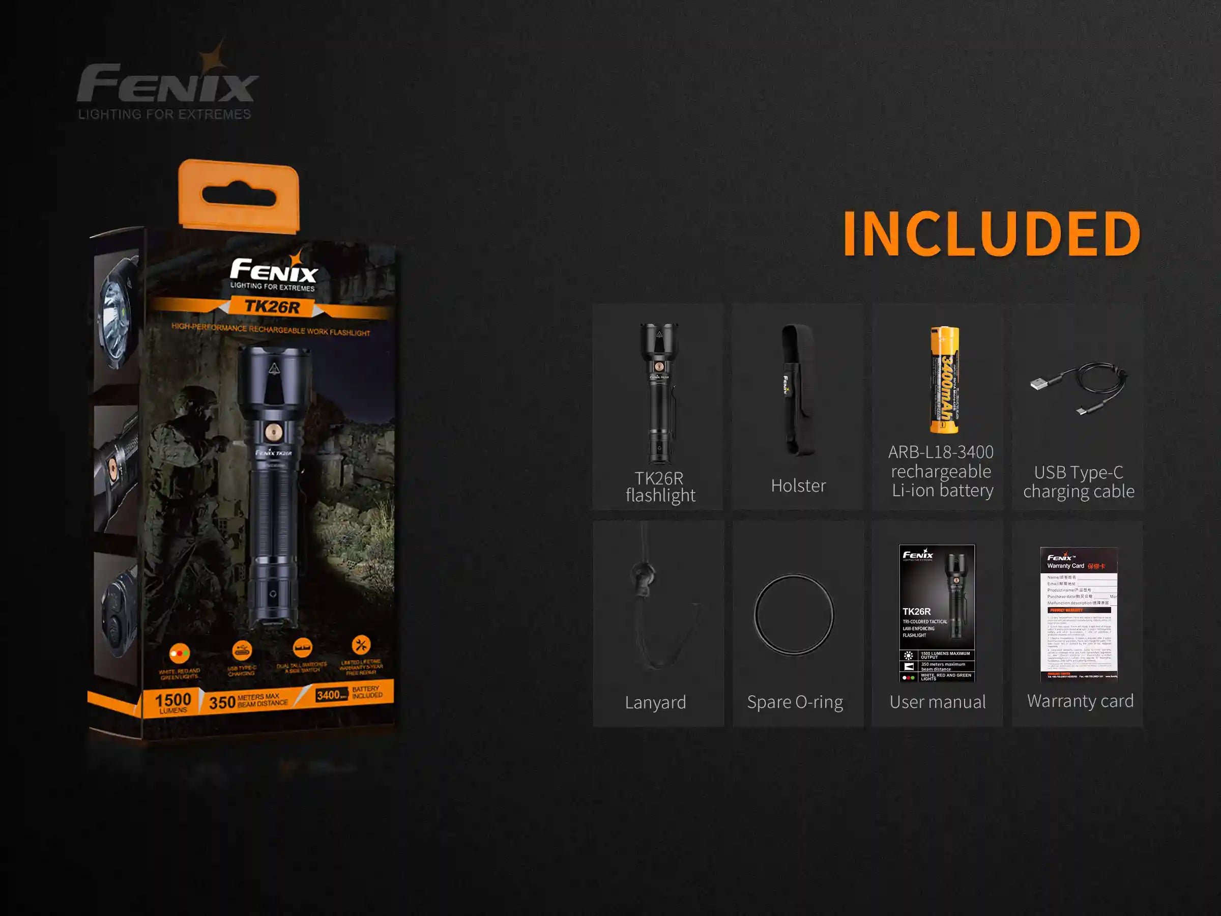 Fenix TK26R Tactical LED Flashlight - 1500 Lumens High Power Rechargeable Flashlight for Camping, Hiking, Emergency & Outdoor Adventures