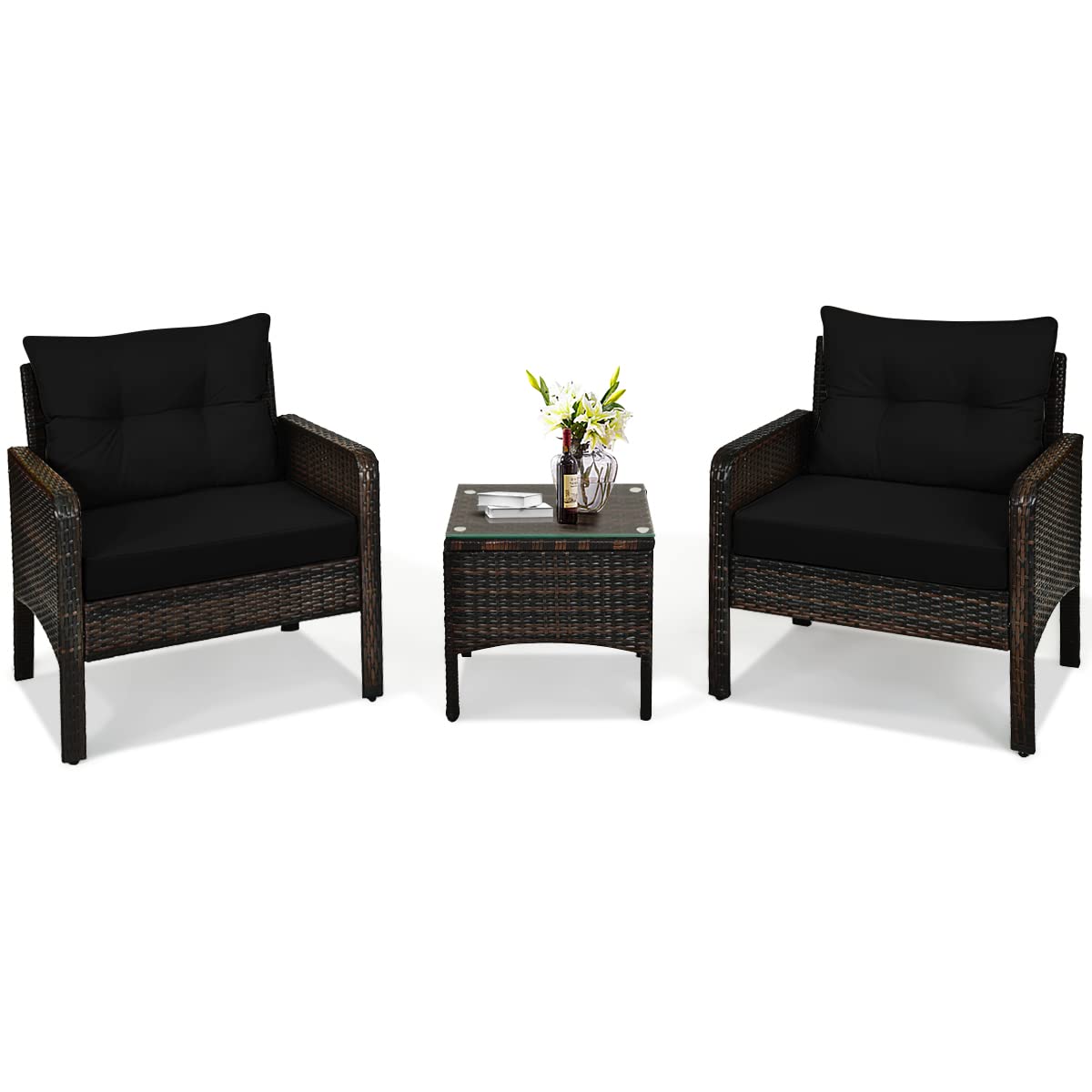 HappyGrill 3-Piece Patio Conversation Set - Outdoor Rattan Wicker Furniture with Coffee Table & Chairs - Perfect for Garden, Balcony, Backyard & Poolside Relaxation