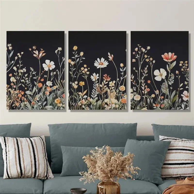 3-Piece Simple Floral Decorative Metal Wall Art Print - Ready to Hang - Black Background - Perfect for Living Room, Bedroom & Office Decor