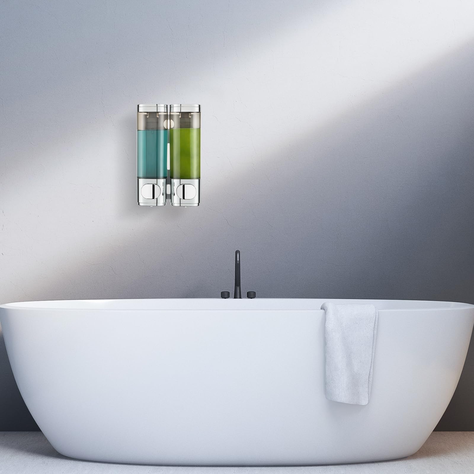 Wall Mounted Shower Shampoo Dispenser - 2 Chamber No Drill Bathroom Organizer for Shampoo, Conditioner & Body Wash - Large Capacity Chrome Finish - Perfect for Spa, Gym & Home Bathroom Storage