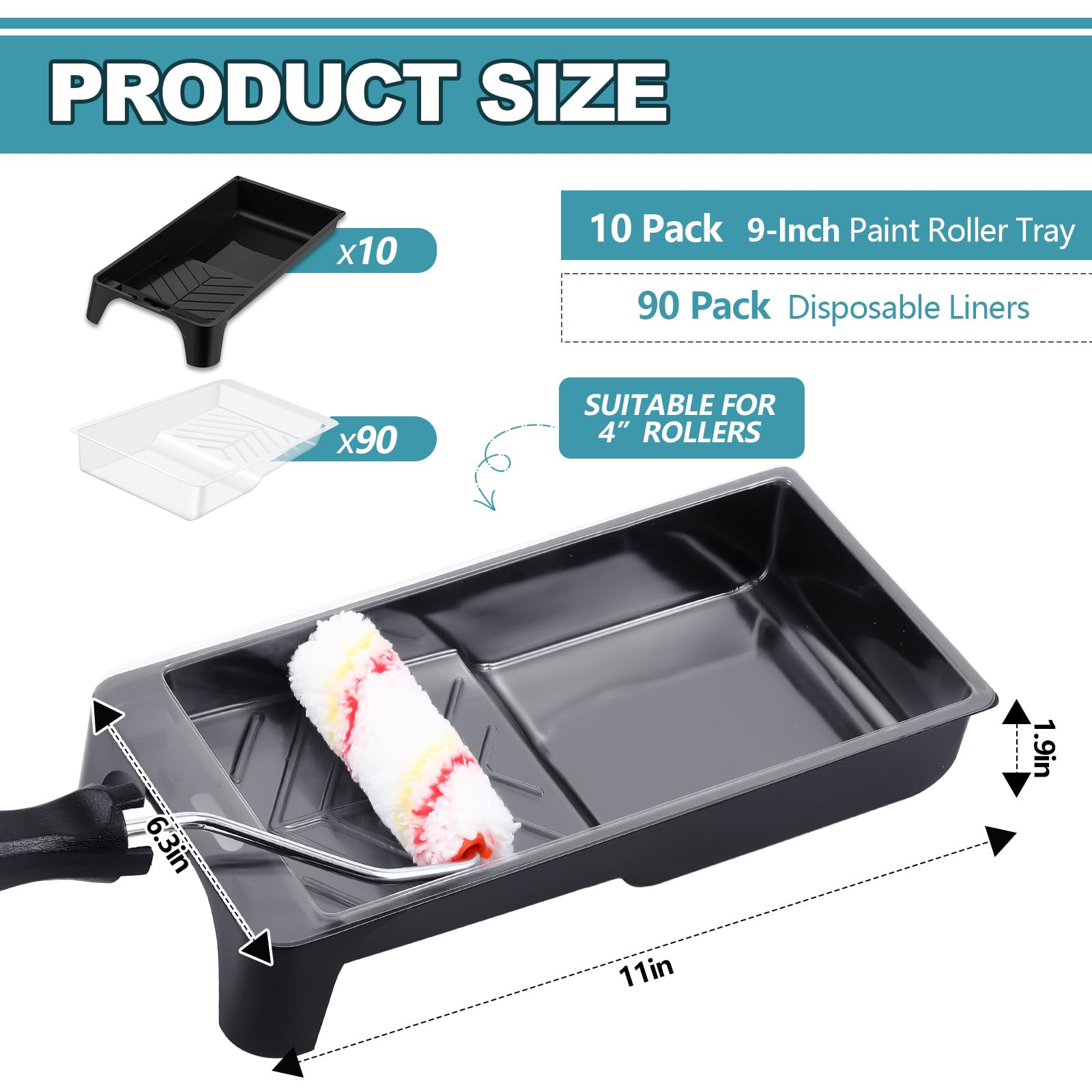 100-Pack 4-Inch Paint Tray & Liner Set - 10 Durable Plastic Paint Roller Trays with 90 Disposable Liners - Perfect for Home Painting Projects, Wall Touch-Ups, and DIY Crafts - Fits Most Standard Paint Rollers