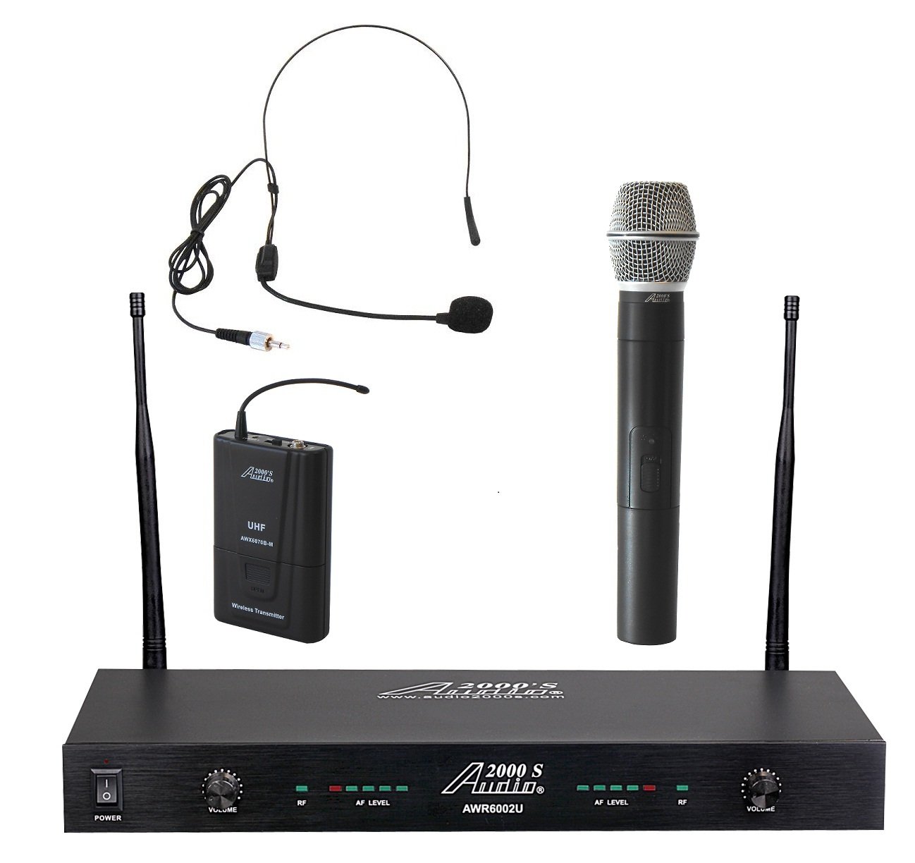 Audio2000'S AWM6002UX UHF 2-Channel Wireless Microphone System with Handheld & Headset Mics - Perfect for Karaoke, Live Performances & Public Speaking