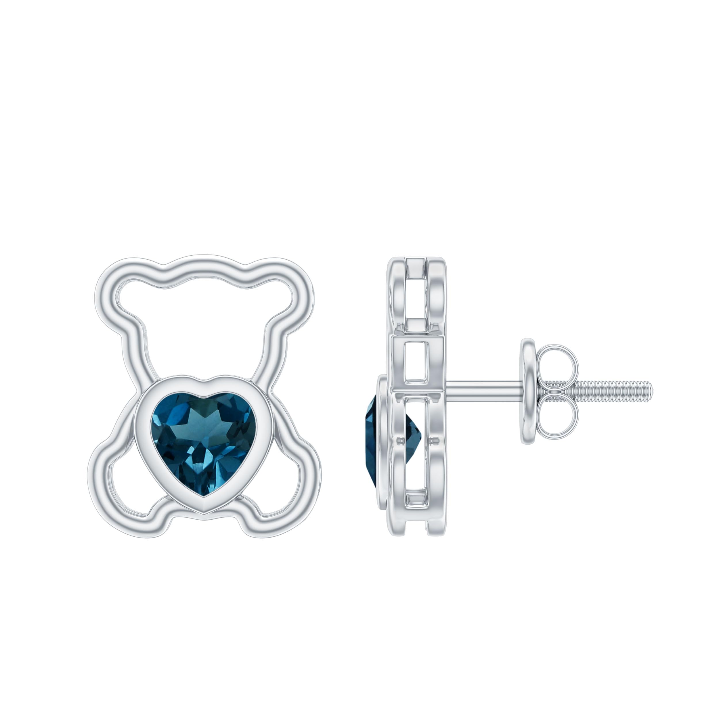 AAA Quality Cute Teddy Bear Earrings with London Blue Topaz & Heart Studs | Screw Back for Secure Fit | Perfect Women's Jewelry Gift for Birthday, Anniversary & Valentine's Day