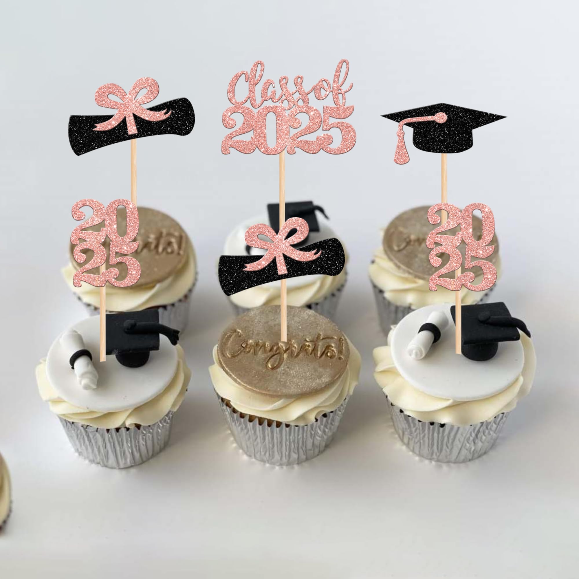 36 PCS 2025 Graduation Cupcake Toppers - Glitter Class of 2025 Graduation Cap & Diploma Cake Decorations - Rose Gold Party Supplies for Graduation Ceremony, School Celebration & Dessert Table Decor