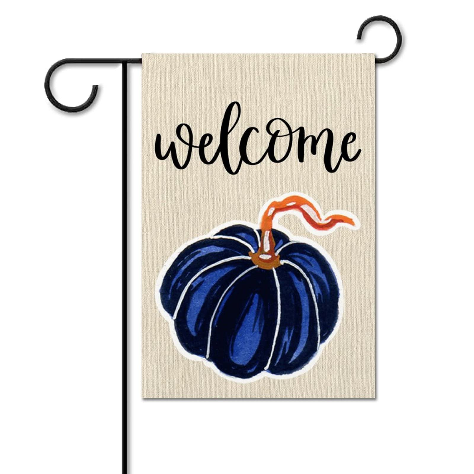 Double Sided Fall Welcome Garden Flag - Navy Blue Pumpkin Design 12x18 Inches, Burlap Yard Decor for Autumn, Thanksgiving & Halloween - Perfect for Farmhouse Porch, Lawn and Outdoor Seasonal Decoration