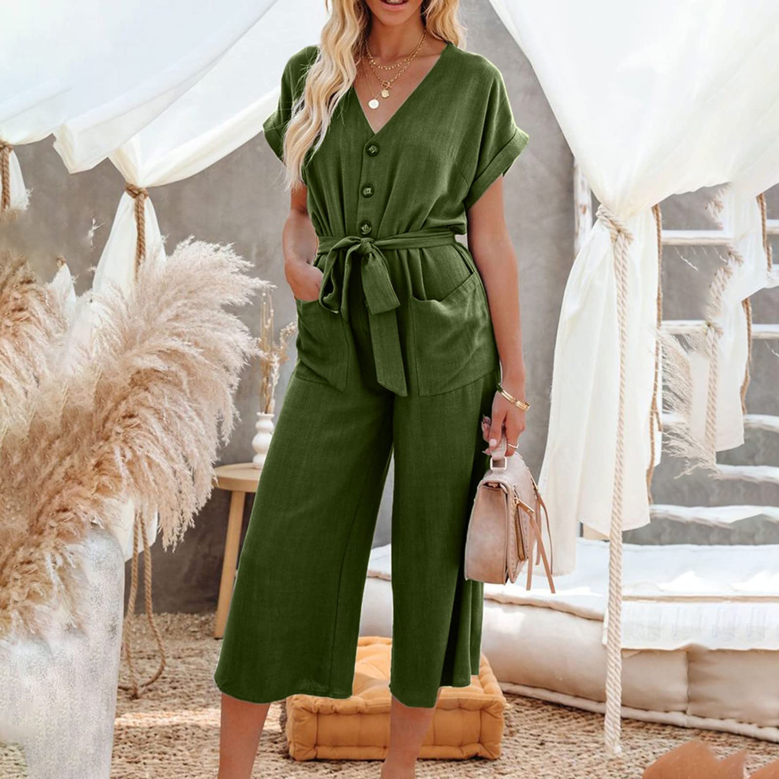 Women's V-Neck Tie Pocket Jumpsuit - Elegant Formal Evening Party Wedding Guest Romper with Button Front (Army Green 3X) | Perfect for Summer Cocktail Events, Date Nights & Office Wear