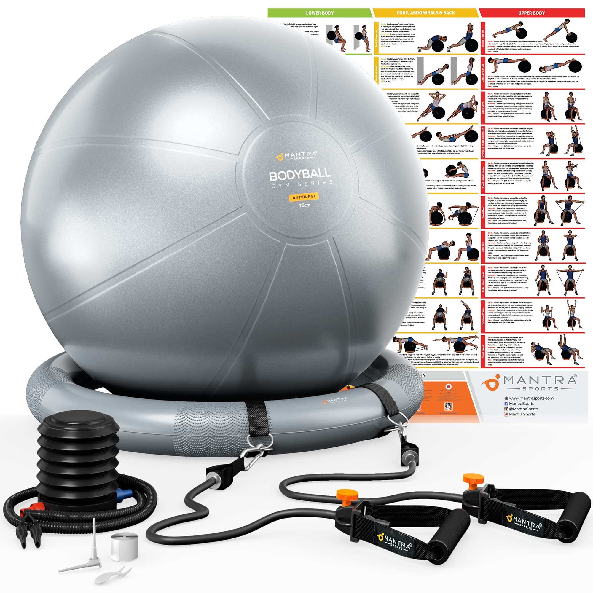Exercise Ball Chair with Resistance Bands - Stability Base Yoga Ball for Home Gym, Office & Pregnancy - Includes Workout Poster | Perfect for Pilates, Physio Therapy, Birthing & Fitness Training