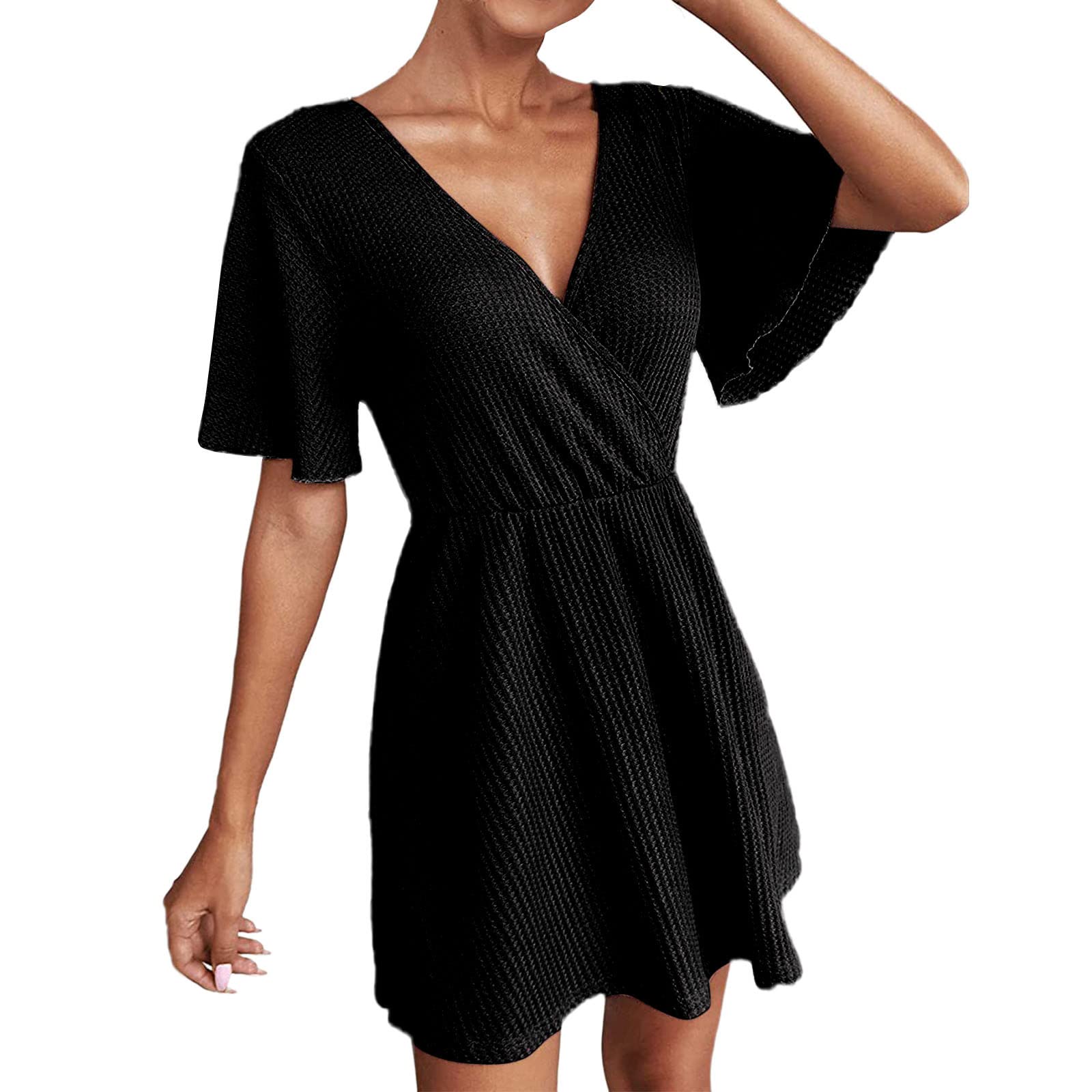 Women's Summer Work Dress - Short Sleeve V-Neck High Waist A-Line Short Dress for Office, Business Casual & Summer Outings