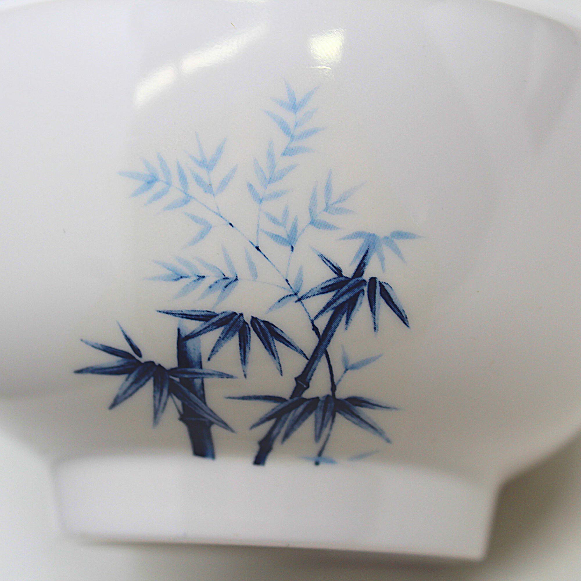 Needzo 4.5-Inch White Plastic Rice Bowls with Blue Bamboo Design - Japanese Style Snack Bowls, Set of 2 - Perfect for Sushi, Ramen, Cereal & Party Serving