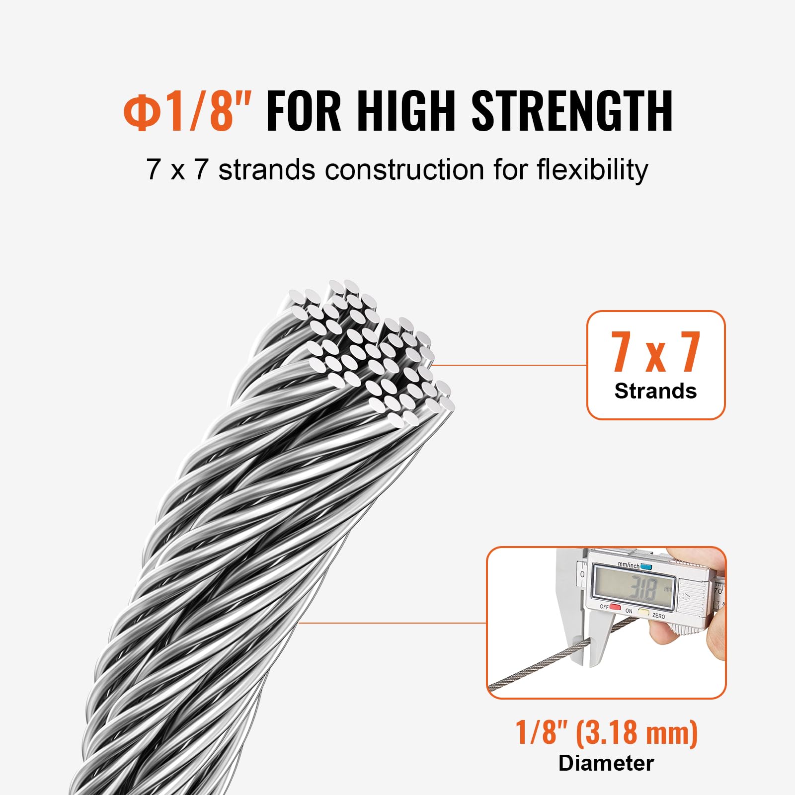 VEVOR 1/8 Inch 7x7 Strand Stainless Steel 316 Cable Railing Kit - 1000 FT Marine Grade Aircraft Cable with Cutter & Gloves, 1600 lbs Breaking Strength - Perfect for Outdoor Handrails, Stair Railings, Decking, Fences & Marine Applications