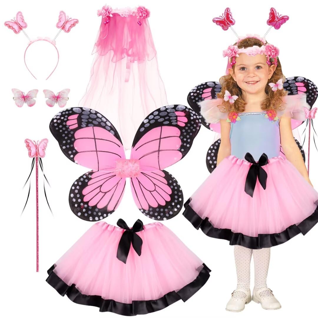 WILDPARTY Fairy Costume Set for Kids Age 3-8 - Butterfly Wings, Tutu Dress, Hair Clips, Magic Wand & Accessories - Perfect for Halloween, Dress-Up Parties & Fantasy Play