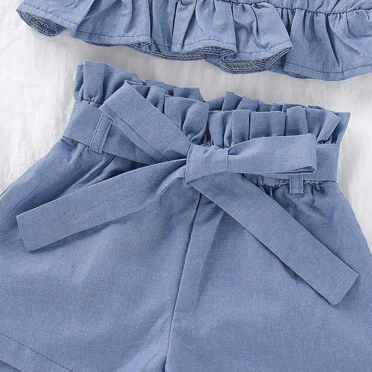 Toddler Baby Girls Summer Outfit Set - Strapped Ruffled Off-Shoulder Crop Top + Bowknot Denim Shorts | Cute Casual Playwear for Beach, Park & Family Outings