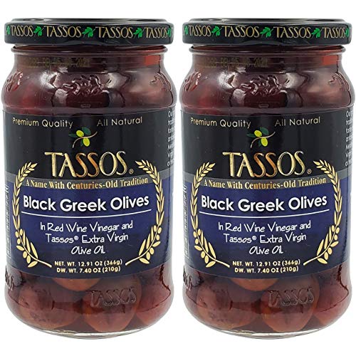 Premium Tassos Natural Black Greek Olives in Red Wine Vinegar & Extra Virgin Olive Oil - Authentic Mediterranean Snack (12.91oz, 2-Pack) - Perfect for Charcuterie Boards, Salads & Gourmet Appetizers