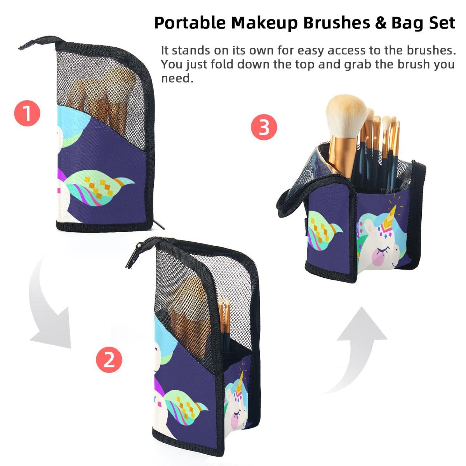 12-Piece Makeup Brush Organizer Bag with Cartoon Unicorn Design - Portable Cosmetic Brush Holder Case for Travel & Home Storage (Purple Background) - Perfect for Makeup Artists & Beauty Enthusiasts