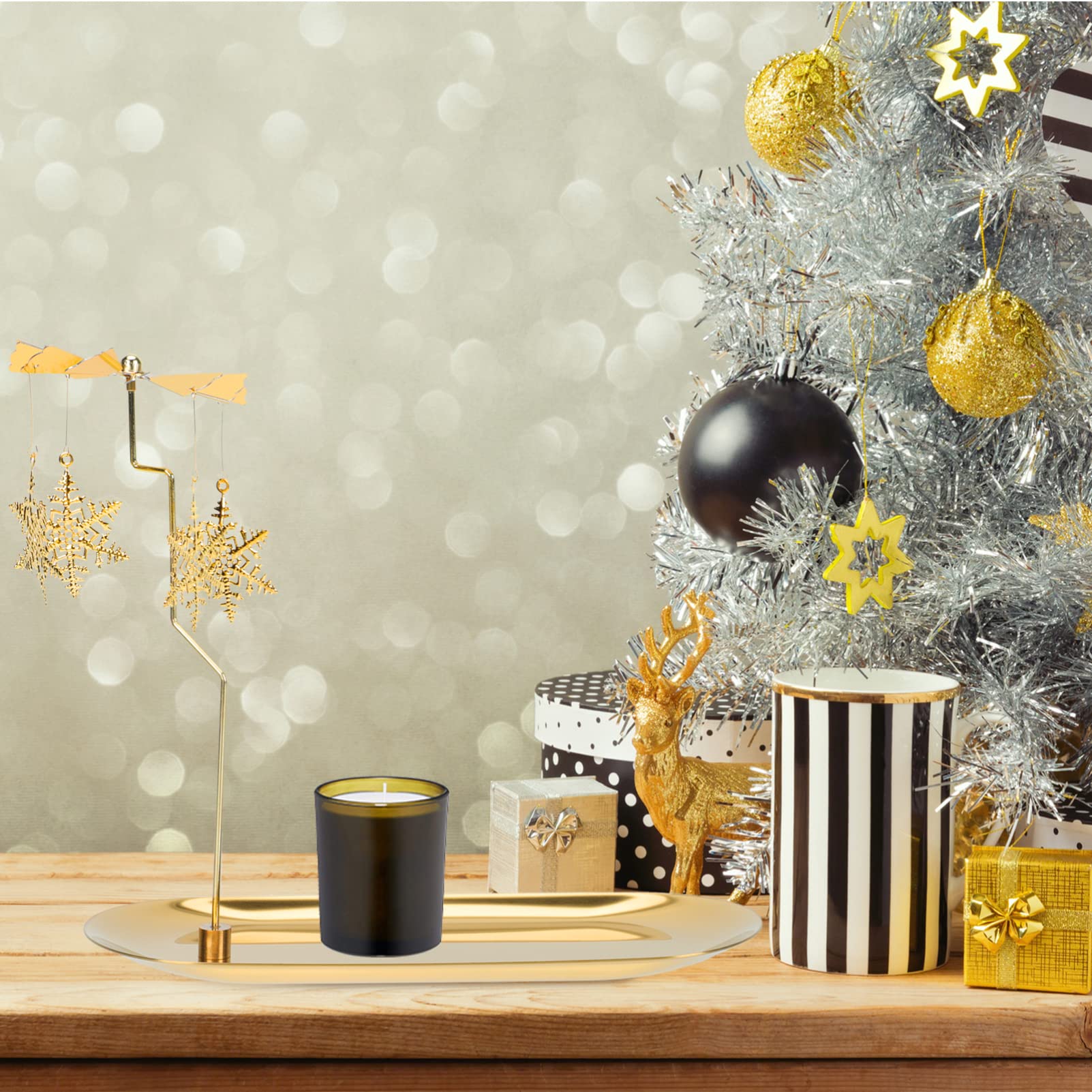 Angoily Rotating Candle Holder Set - Brass Metal Candlestick with Turntable Tray for Christmas & Holiday Decor | Winter Home Decoration | Perfect for Table Centerpieces, Dinner Parties & Festive Ambiance