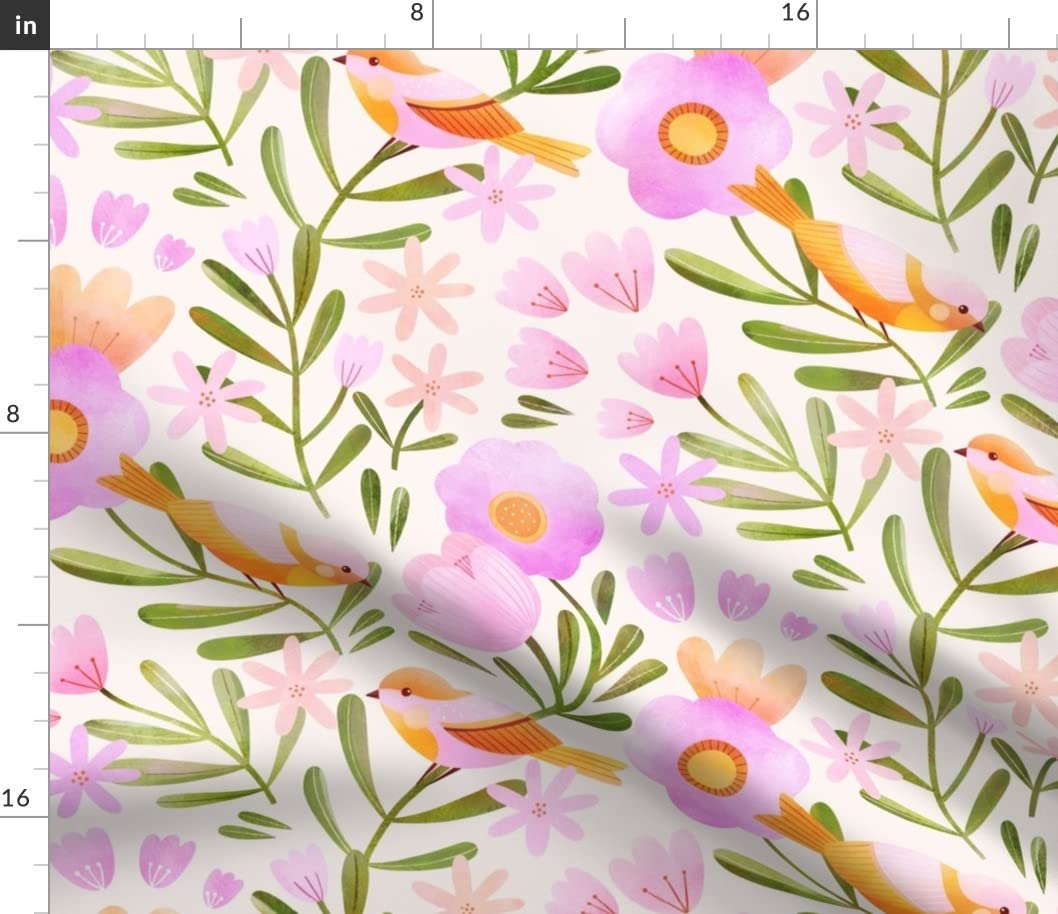 Spring Botanical Pink Floral Birds Printed Cotton Poplin Fabric - Fat Quarter for Sewing, Quilting, Dresses & Crafts | Perfect for Spring/Summer Apparel & Home Decor Projects