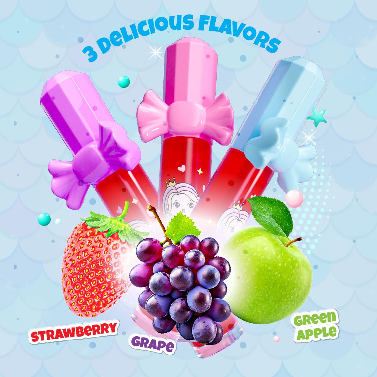 Mermaid Lip Gloss 4-Pack - Strawberry, Grape & Apple Flavors for Beach Party Favors
