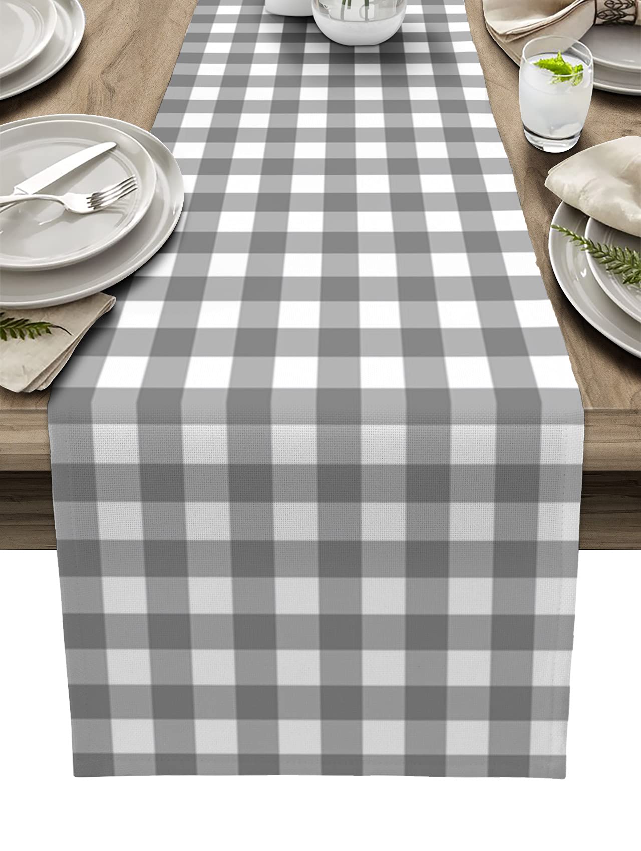90 Inch Grey White Geometric Buffalo Plaid Burlap Linen Table Runner - Farmhouse Kitchen Dining Decor for Coffee Tables, Weddings & Banquets | Perfect for Rustic Home Decor and Special Events