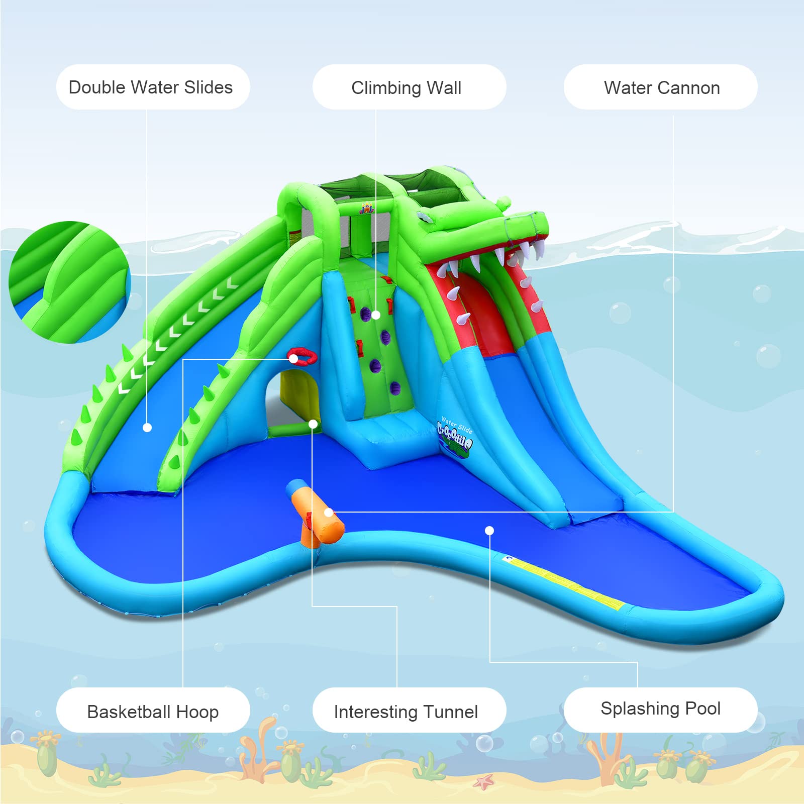 BOUNTECH 7-in-1 Inflatable Water Slide for Kids - Crocodile Mighty Water Park with Splash Pool, Climbing Wall, Water Cannon & Tunnel | Backyard Outdoor Summer Fun | Birthday Party, Family Gatherings, Poolside Entertainment (Air Blower Not Included)