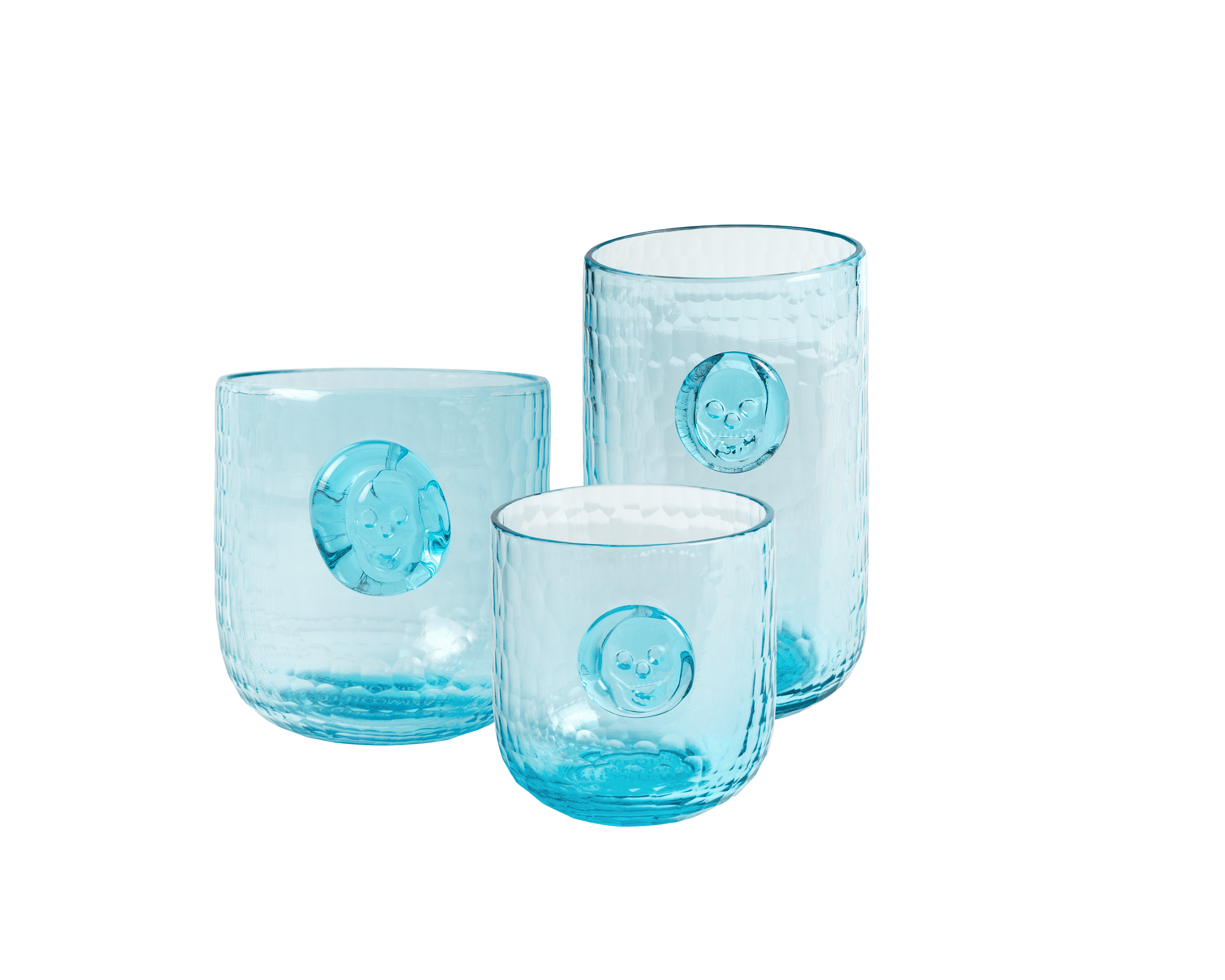 Skull Stamp Drinking Glasses - Set of 4 Gothic Barware Cups for Halloween, Parties & Home Decor | Unique Aqua Blue Glassware for Cocktails, Beer & Water
