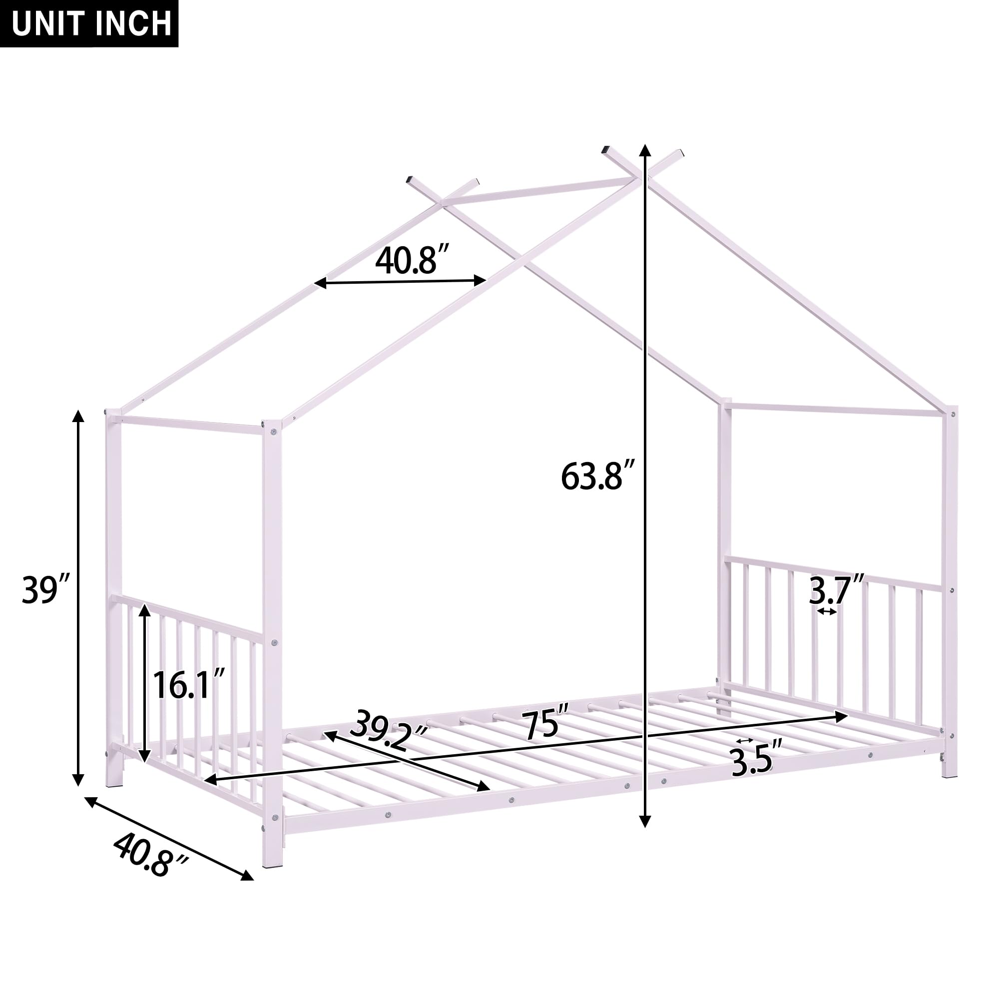 Montessori Twin Size Floor Bed for Kids - Sturdy Metal Frame with High Headboard & Roof - Pink House Bed for Boys & Girls - Perfect for Bedroom, Playroom & Montessori Learning Spaces