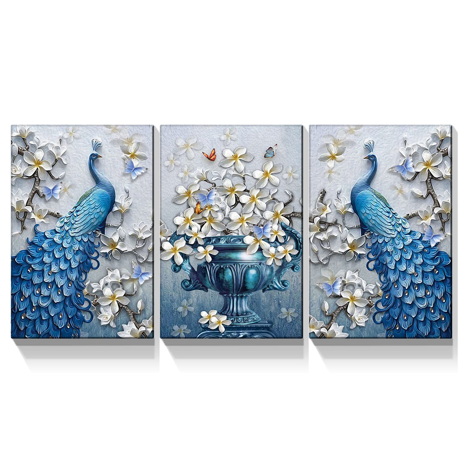 Looife Peacock Canvas Wall Art - 24x32 Inch 3 Panel Vintage Blue Peacock Painting with Flower Vase, Giclee Prints Gallery Wrapped, Elegant Animal Feather Background Artwork for Living Room, Bedroom & Office Decor