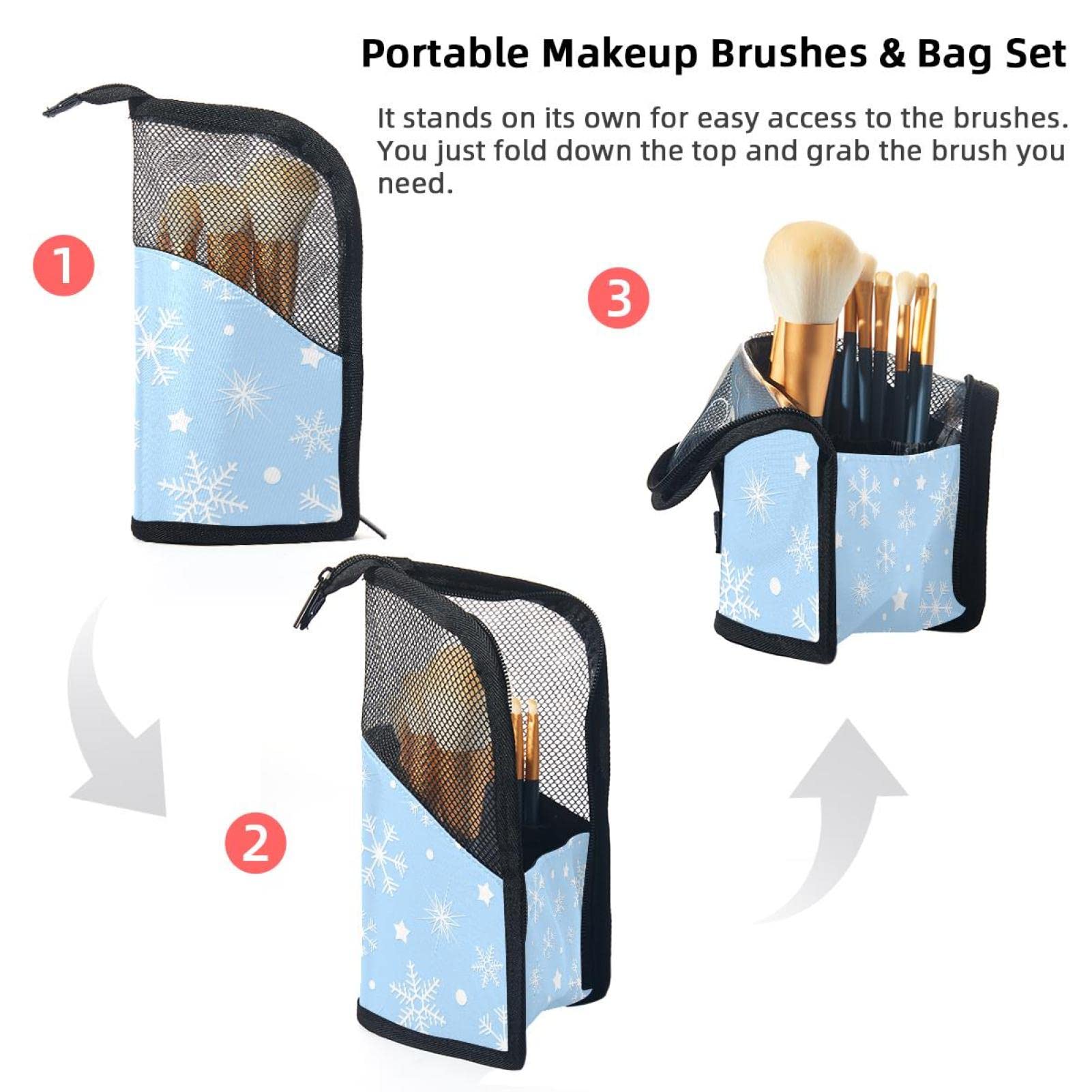 12-Piece Makeup Brush Organizer Bag with Winter Floral Snowflake Design - Portable Cosmetic Brush Holder Case for Travel & Home Storage