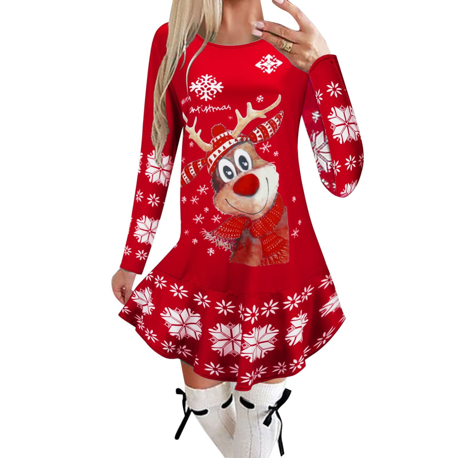 Festive Christmas Printed Women's Long-Sleeve Round Neck Dress - Cozy Winter & Autumn Casual Wear for Holiday Parties, Family Gatherings & Office Outfits