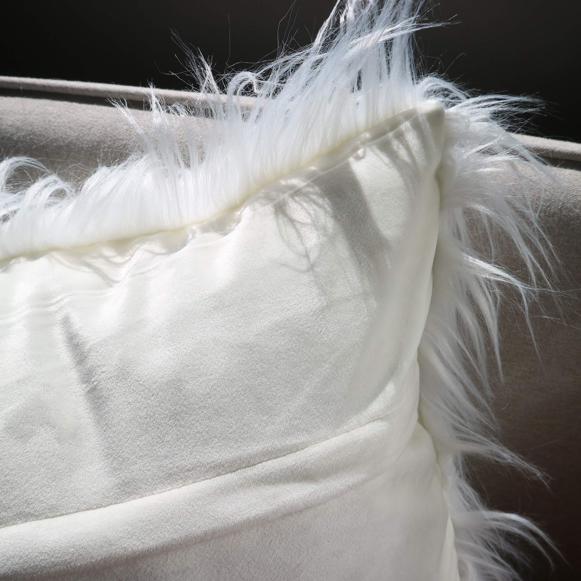 Luxury Faux Fur Throw Pillow Covers 18x18 Inch (45x45cm) - Soft Mongolian Long Fur Square Cushion Covers for Couch, Bed, Sofa - 100% Polyester Home Decor Floor Pillow Cases - Set of 2 Bright White - Perfect for Living Room, Bedroom & Cozy Home Decor