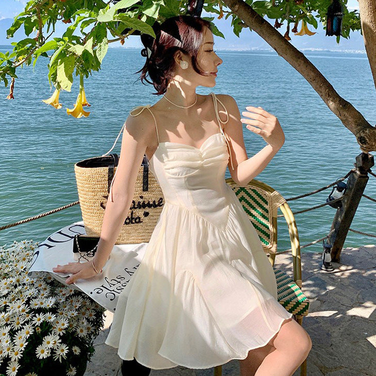 2023 New Summer Beige Bow Spaghetti Strap Dress for Women - Casual Beachwear, Party Outfit & Date Night Dress