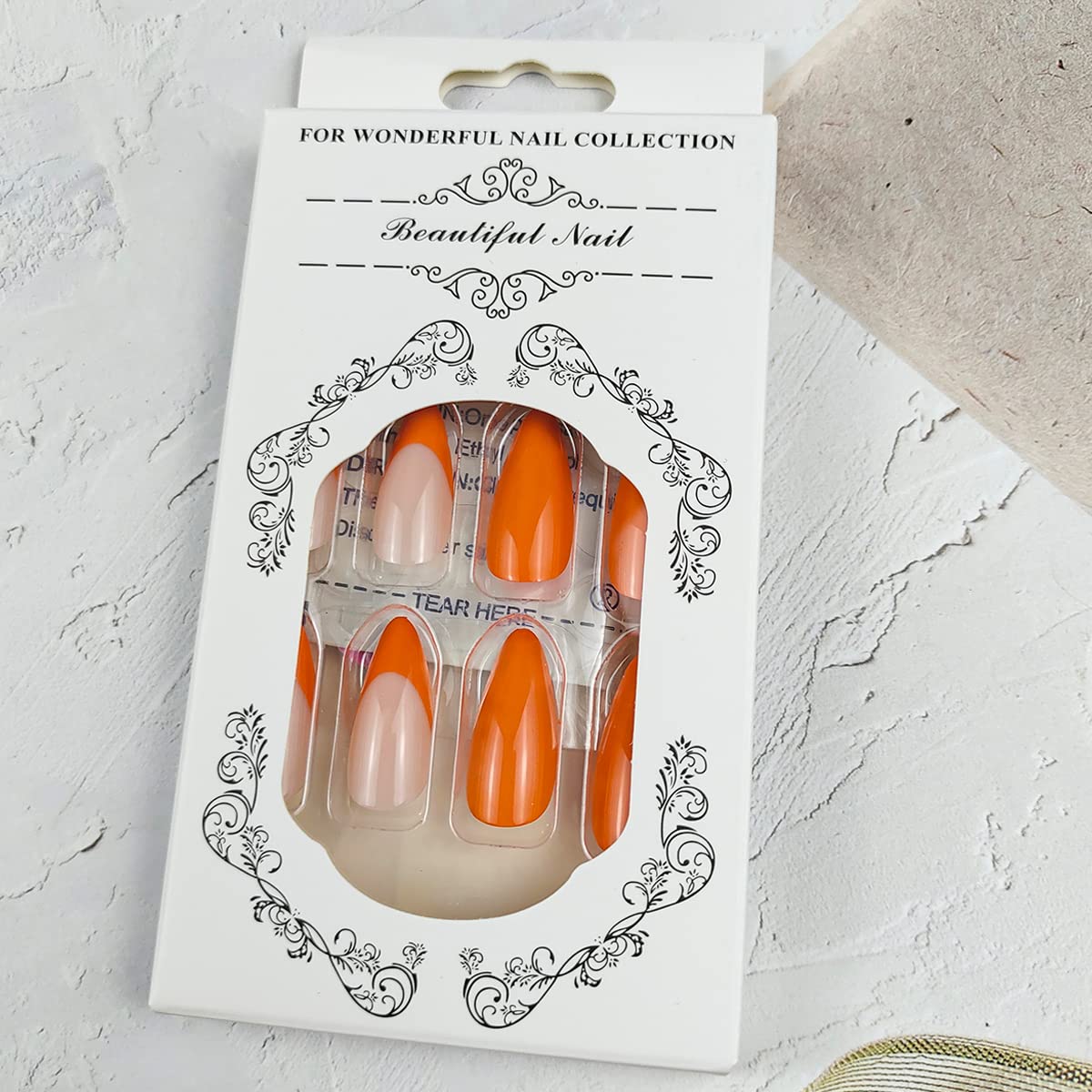 24Pcs French Orange Tips Almond Press on Nails - Medium Acrylic False Nails with Self Adhesive for Women & Girls | Fall Nail Art Supplies, Full Cover Fake Nails for Autumn Parties & Special Occasions