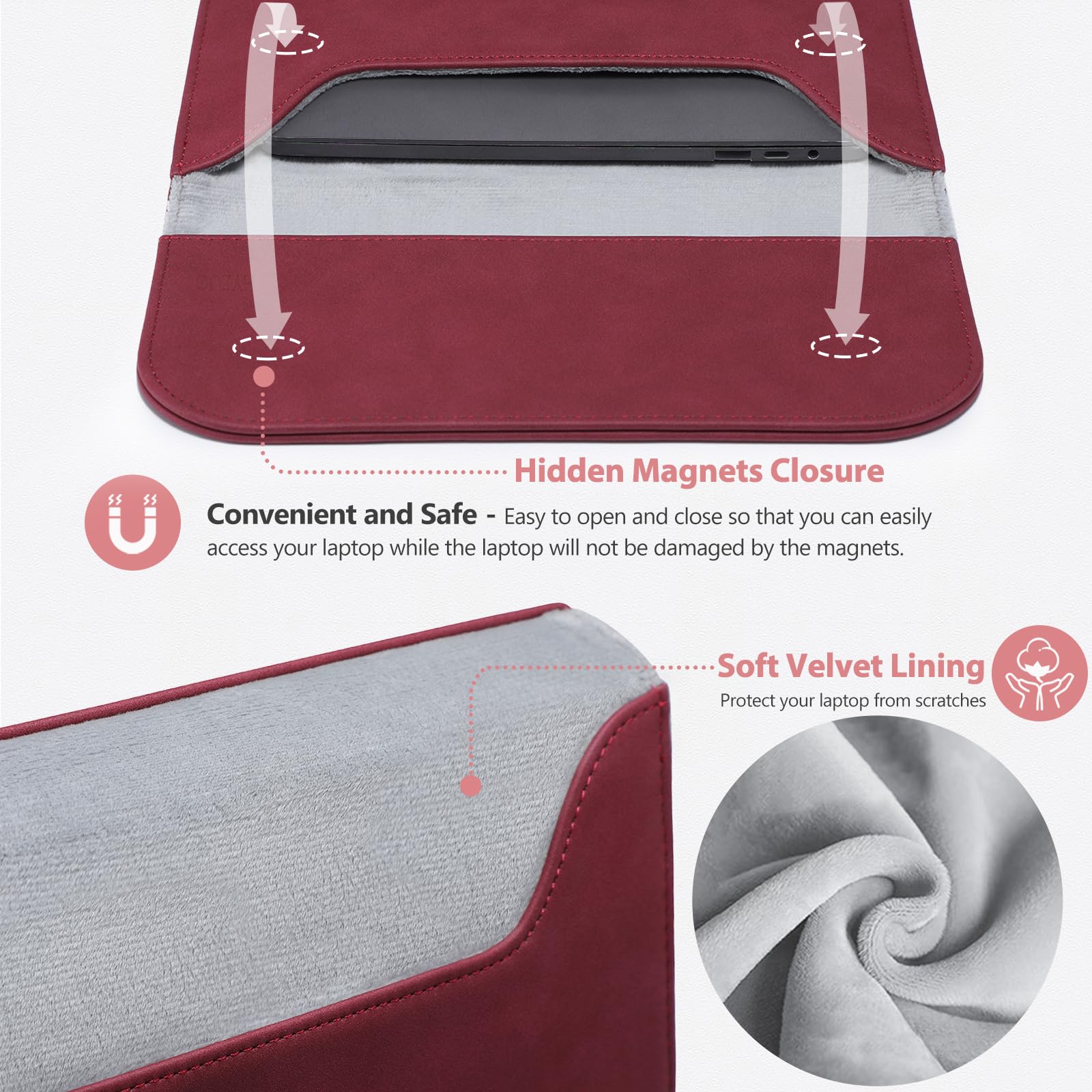 Premium 15-16 Inch Laptop Sleeve for MacBook Pro 16 (M4/M3/M2/M1 Pro/Max 2025-2019) & MacBook Pro 15 (2015-2012) | Faux Suede Leather Protective Case with Accessory Bag | Perfect for Travel, Office & School Use - Wine Red