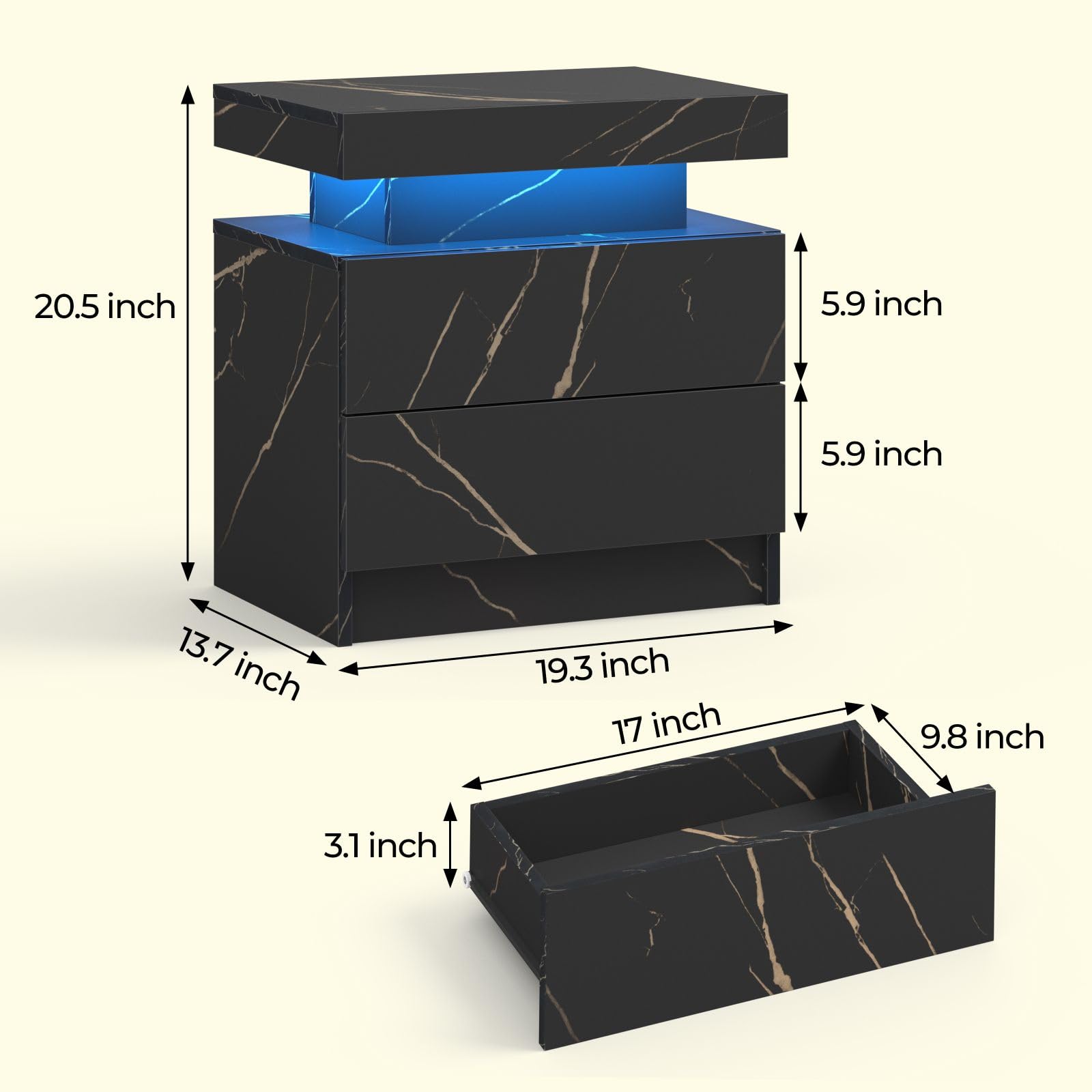 Modern LED Nightstand with 2 Drawers - Wooden Bedside Table with Touch Control LED Lights for Bedroom - Stylish End Table & Side Table for Living Room - Perfect for Reading, Charging Devices & Bedroom Decor